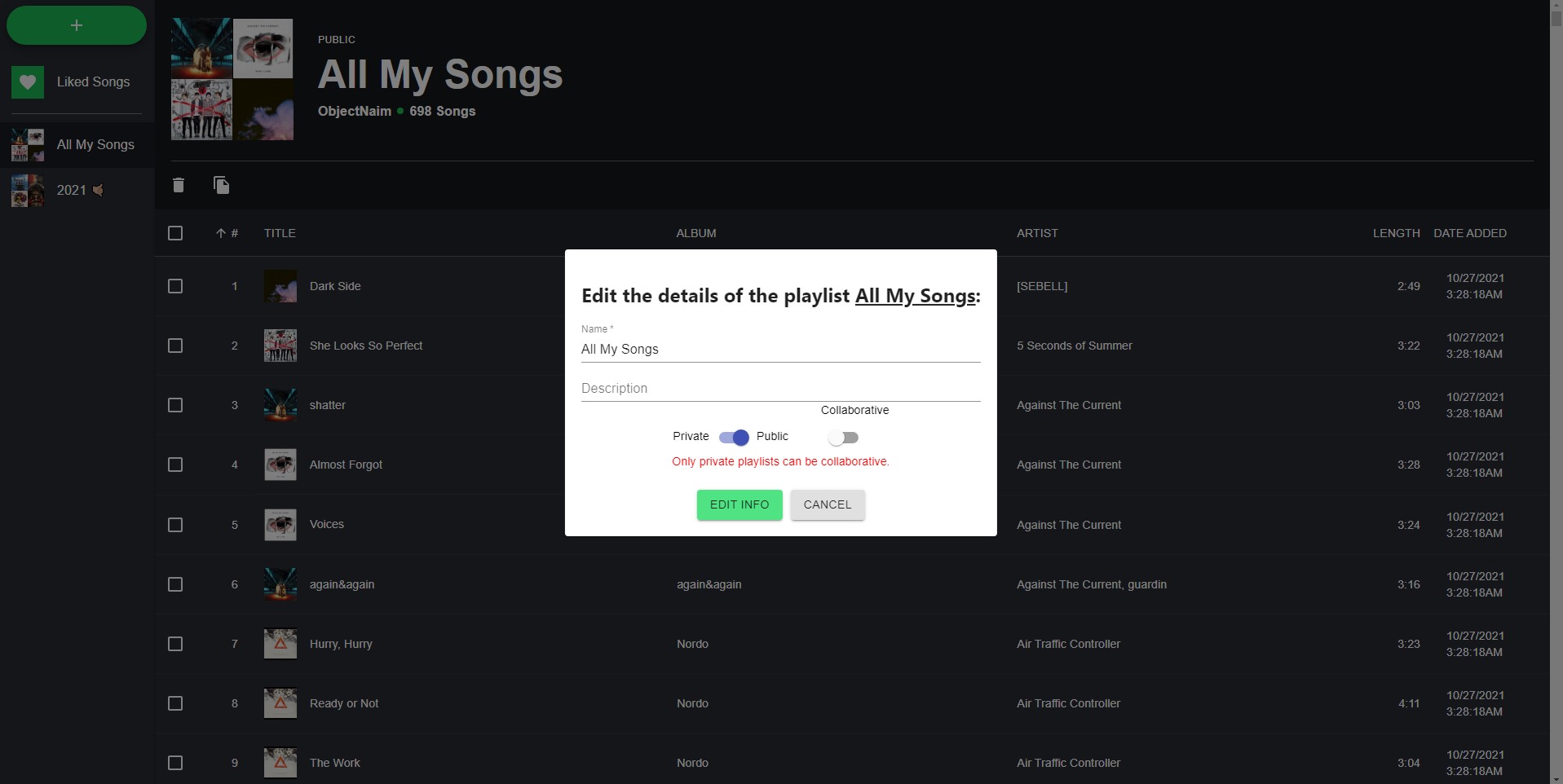 Modal for creating a new playlist.